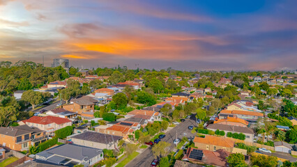 Aerial Panorama Drone View of a inner western Sydney Suburb of Ashbury Urban Sprawl and the terracotta roof tops streets and trees of Suburban Sydney  NSW Australia