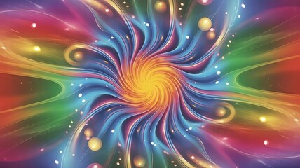 Swirling rainbow vortex with glowing orbs and light particles abstract spiral