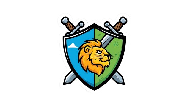 Dynamic vector artwork depicting a formidable lion's head on a split heraldic shield, flanked by crossed medieval swords, symbolizing courage, defense, and power for various applications
