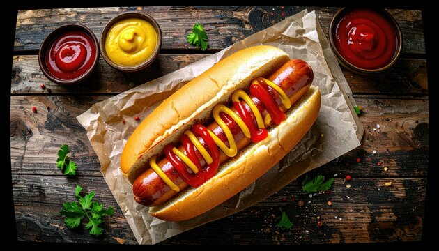 A delicious-looking hot dog topped with ketchup and mustard sits on a rustic wooden surface, ready to be enjoyed. - Powered by Adobe