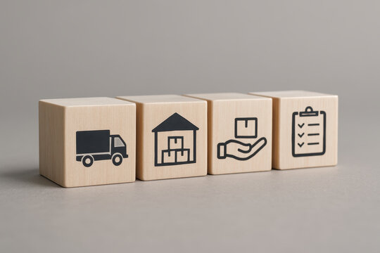 Efficient supply chain and logistic management are essential for smooth operations. These wooden blocks symbolize key elements like transportation, storage, handling, and organization