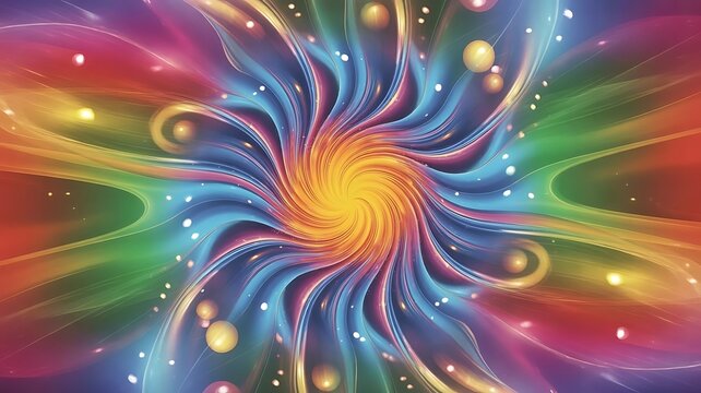 Swirling rainbow vortex with glowing orbs and light particles abstract spiral