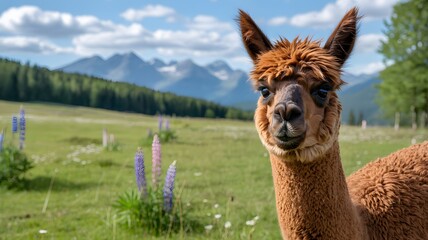 Naklejka premium Close up portrait of a curious brown alpaca standing in a vibrant green mountain pasture with purple lupine flowers and majestic peaks in the background