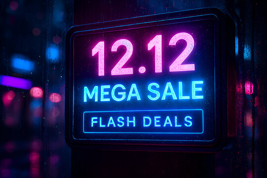 1212 mega sale flash deal neon sign glowing in the dark, perfect for advertising and promotion