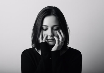 Sad Woman with Symbolic Tears in Minimalist Black and White