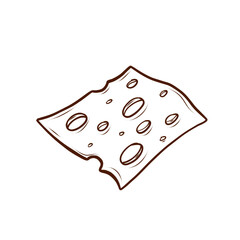 A slice of cheese with holes. Vector illustration in a line art style. A simple black and brown image with no color, isolated on a white background. Suitable for menus, logos, packaging, fast food