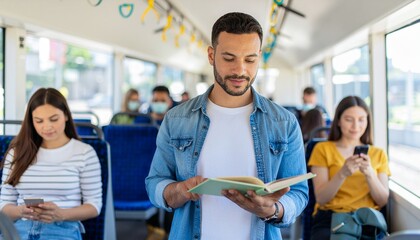 Reading on the Bus: A man focused on reading his book, surrounded by fellow commuters, each engrossed in their own activities, embodying a snapshot of daily commute life.