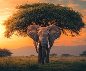 Majestic African elephant with a tree crown in a golden savanna sunset landscape