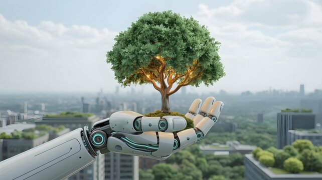 Robotic hand gently holding a vibrant green tree with a city skyline in the background symbolizing environmental technology and sustainability - Powered by Adobe