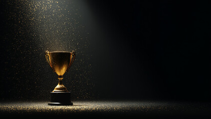 A golden trophy stands under a dramatic spotlight as shimmering particles drift around it, creating a powerful atmosphere of victory and celebration.