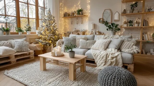 Christmas atmosphere illuminating a cozy Scandinavian kids room with wooden accents, neutral tones, festive interior, and warm string lights creating a magical holiday ambiance