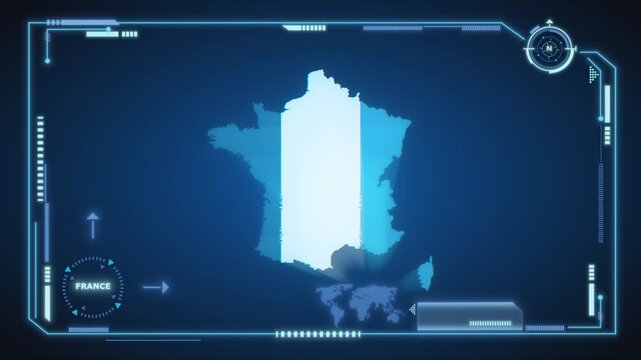Futuristic Digital France map HUD animation, global network cyber technology, E-government, Country Map, Politics, Travel, News, and Sports Events - Powered by Adobe
