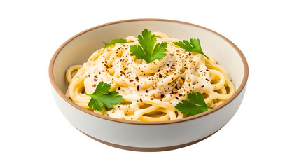 Creamy spaghetti with parsley and chili flakes served in a bowl on transparent background