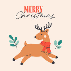 Cute simple greeting card with reindeer. Merry Christmas. Perfect for card, invitation, poster, banner. Flat vector illustration