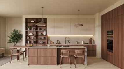 Charming modern kitchen interior design with wood cabinetry and island seating for a luxurious lifestyle showcasing home decor