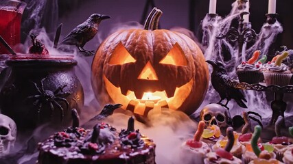 Eerie Halloween setting featuring illuminated pumpkin on a decorated buffet table, with atmospheric lighting and spooky festive accents for seasonal design and party imagery