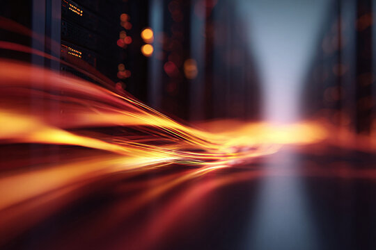 Abstract image of a server room with warm light trails. Ideal for illustrating data flow, network speed, tech infrastructure, or digital transformation.