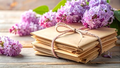 Stack of Envelopes with Lilac Flowers on Wooden Table.