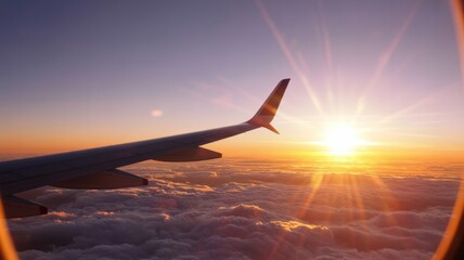 Airplane wing view at sunset above the clouds from inside the plane during a flight journey