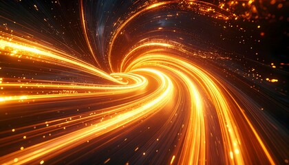 Fototapeta premium Abstract, golden, swirling lines and particles create a dynamic and futuristic flow against a dark background