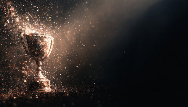 A golden trophy glows dramatically in a dark space as shimmering particles burst around it, creating a cinematic celebration effect.