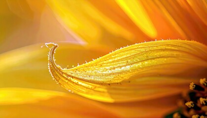 A close-up, backlit view of a single golden sunflower petal, revealing its texture and fine hairs.