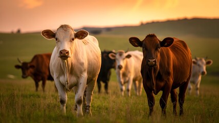 Herd of cattle grazing peacefully in a sun drenched meadow during a warm golden hour sunset in the countryside