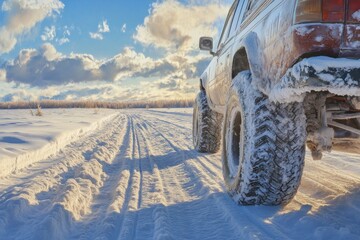 Powerful Off-Road Vehicle with Massive Snow-Covered Tires on a Frozen Winter Road at Golden Hour.