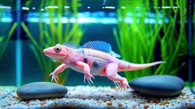 A pink aquatic creature swims in a vibrant tank, framed by plants, pebbles, and water