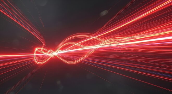 Dynamic red and white light trails flowing through a dark background representing energy and motion