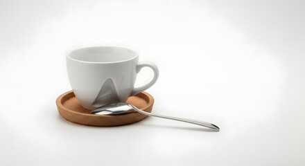 A white ceramic cup placed on a wooden saucer with a teaspoon resting beside it on a clean, white background, perfect for a cozy coffee or tea break setting