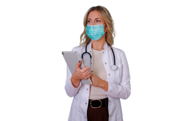 Female doctor wearing face mask and stethoscope, holding tablet, focusing on healthcare with transparent background