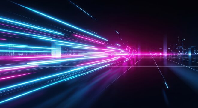 Futuristic neon light streaks in a dark digital cityscape creating an ultra-modern high-tech
