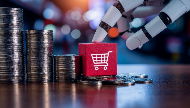 Digital Commerce: A robotic hand carefully interacts with a cube displaying an online shopping cart icon, placed atop a collection of coins, and stacks of money symbolizing the future of e-commerce. - Powered by Adobe