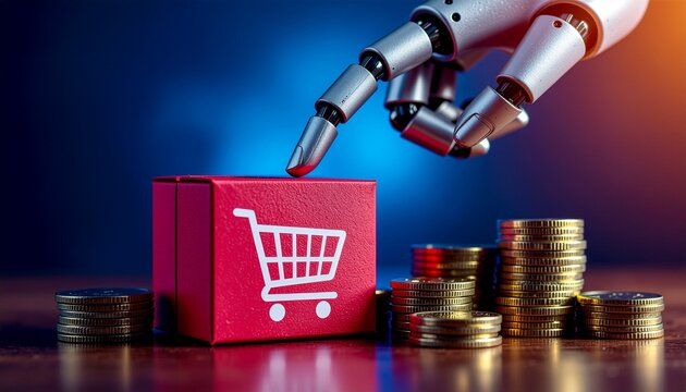 Digital Commerce: An advanced robot hand interacts with a shopping cart icon, alongside stacks of currency, symbolizing the evolution of online transactions, data-driven commerce.