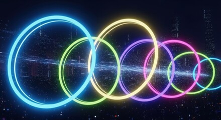 futuristic neon glowing rings overlapping with cityscape background exhibiting vibrant light