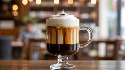 Delicious irish coffee with whipped cream and caramel drizzle served in a clear glass mug on a wooden table