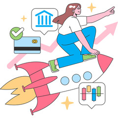 Woman riding a rocket ship with credit card and bank icon symbolizing financial growth and online shopping success on a transparent background
