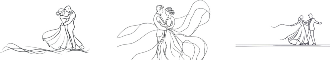 A beautiful and romantic dance is captured in a modern minimalist sketch featuring a continuous line drawing of a man and girl dancing together