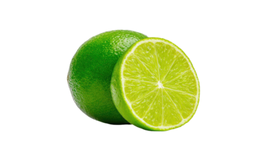 Fresh green lime, whole and halved, on a black background