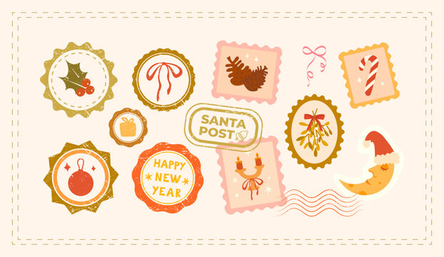 Cute Christmas collection of vintage postage stamps and stamps in warm pastel colours. Bow, pine cones, mistletoe, holly berries. Perfect for invitations, postcards, journaling, and diaries.