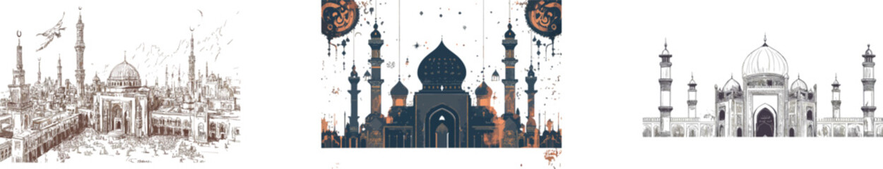 In modern Arabic, mawlid al nabi translates to the birthday of Prophet Muhammad, presented in stunning calligraphy alongside a hand-drawn Islamic themed mosque, creating a unique vintage celebration