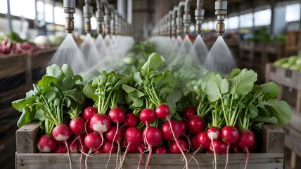 Freshly harvested radishes being sprayed with water in a rustic wooden crate under industrial sprinklers