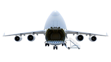 Large cargo airplane with open nose and stairs ready for loading on transparent background