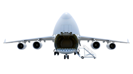 Large cargo airplane with open nose and stairs ready for loading on transparent background