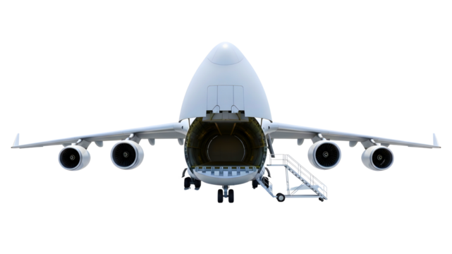 Large cargo airplane with open nose and stairs ready for loading on transparent background