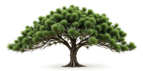 Isolated wide-canopy pine tree on clean white background featuring dense green foliage, branching structure and natural botanical detail ideal for design and nature concepts
