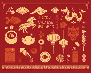 Collection of traditional Chinese New Year vector icons in red and gold colors. Includes lanterns, dragon, horse, lion mask, firecracker, fan, gold ingot, fish, plum blossom, coin