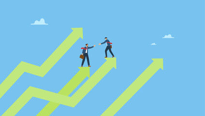 Businessman mentor help coworker to climb growth arrow chart. Business mentor, coaching or consult to help success, leadership or support to grow business or career, advice and trust to help improve.