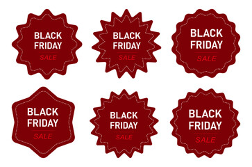 Black Friday sale badge collection in dark red with starburst and wavy shapes for promotion, advertising and marketing design
